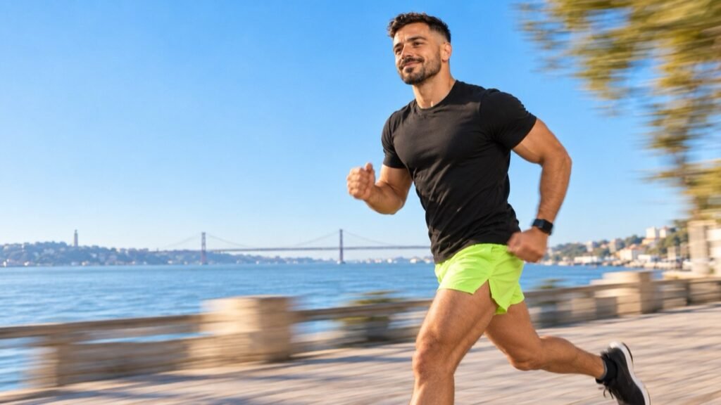 Personal trainer a correr junto ao rio (imagem fictícia)